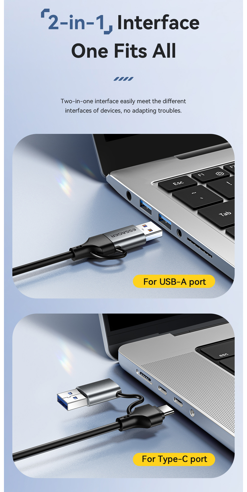 ESSAGER 2v1 ethernet redukcia - RJ45 na USB-C / USB-A - sivá