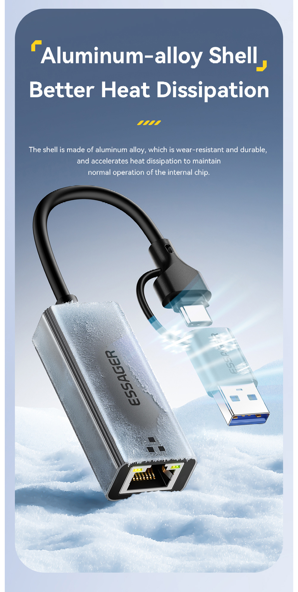 ESSAGER 2v1 ethernet redukcia - RJ45 na USB-C / USB-A - sivá