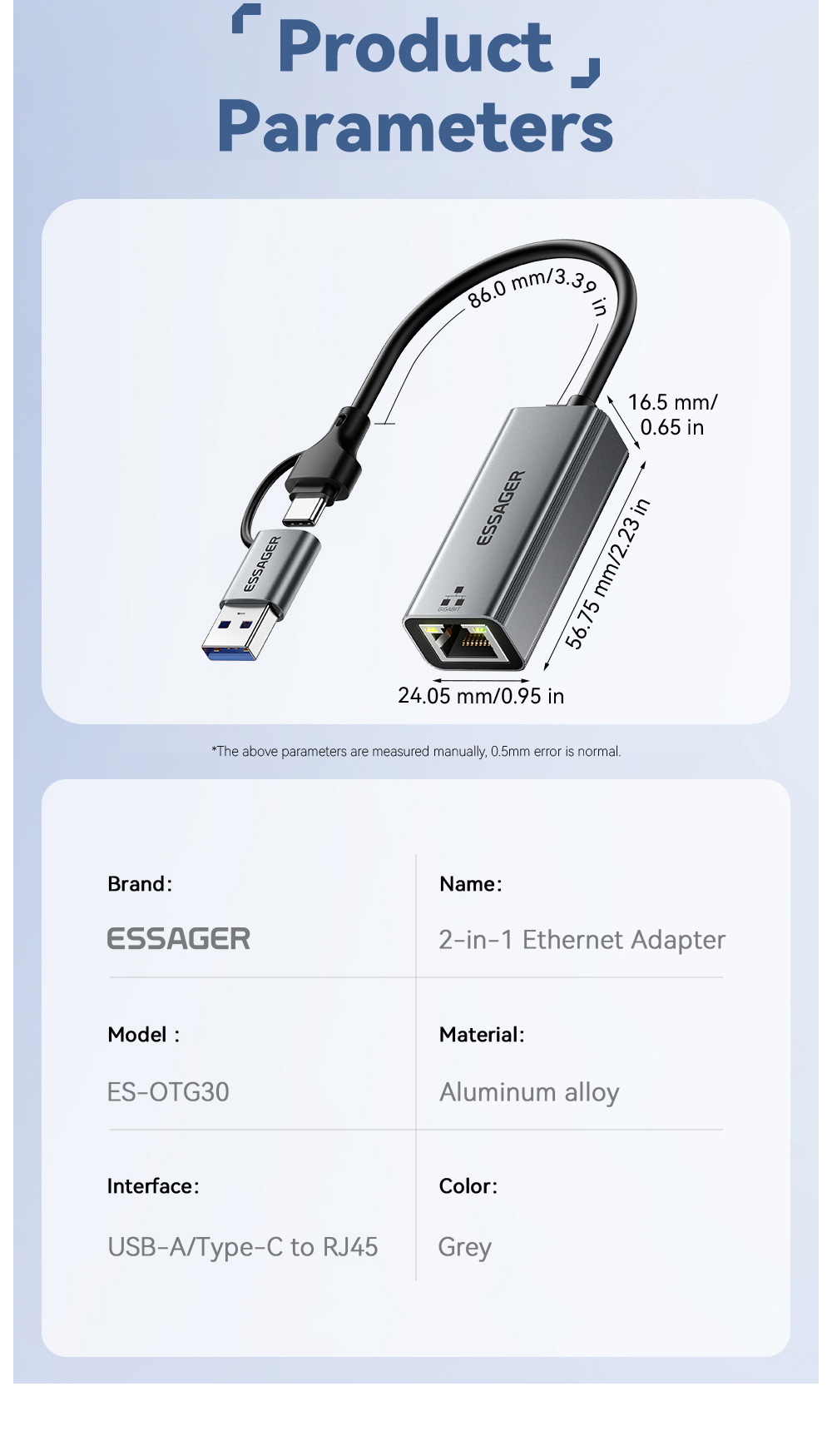 ESSAGER 2v1 ethernet redukcia - RJ45 na USB-C / USB-A - sivá ESSAGER 2v1 ethernet redukcia - RJ45 na USB-C / USB-A - sivá
