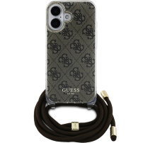 Guess 4G IML Printed Crossbody kryt so šnúrkou pre iPhone 16 - hnedý