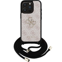 Guess 4G Metal Logo Crossbody kryt so šnúrkou pre iPhone 15 Pro - ružový