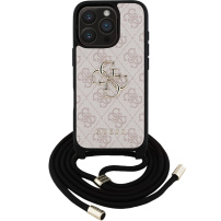 Guess 4G Metal Logo Crossbody kryt so šnúrkou pre iPhone 16 Pro Max - ružový