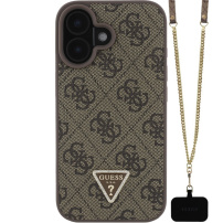 Guess 4G Strass Triangle Metal Logo kryt s popruhom pre iPhone 16 - hnedý
