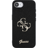 Guess Fixed Glitter 4G Metal Logo trblietavý kryt pre iPhone 16e / 17e - čierny