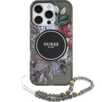 Guess IML Flowers Pearl Strap kryt s pútkom a MagSafe pre iPhone 16 Pro Max - sivý