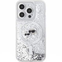 Karl Lagerfeld Liquid Glitter Karl and Choupette Heads kryt s MagSafe pre iPhone 15 Pro - strieborný