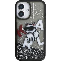 Karl Lagerfeld Liquid Glitter Scattered Choupette kryt pre iPhone 16 - sivý