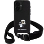 Karl Lagerfeld Saffiano Crossbody Metal Karl and Choupette kryt s nastaviteľným popruhom pre iPhone 16 Plus - čierny