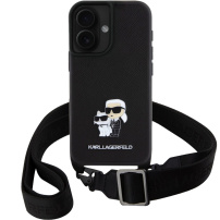 Karl Lagerfeld Saffiano Crossbody Metal Karl and Choupette kryt s nastaviteľným popruhom pre iPhone 16 Plus - čierny