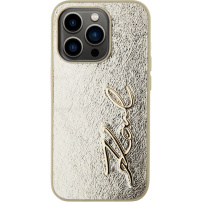 Karl Lagerfeld Wrinkled Signature Logo metalický kryt pre iPhone 15 Pro - zlatý