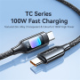 USAMS SJ750 opletený nabíjací a dátový kábel s podsvietením - USB-C na USB-C - 1,2 m - čierny
