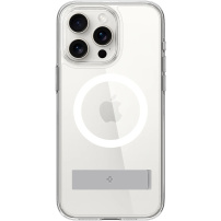 Spigen Ultra Hybrid S MagFit transparentný kryt so stojančekom a bielym MagSafe pre iPhone 15 Pro - číry