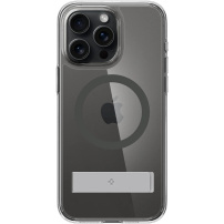 Spigen Ultra Hybrid S MagFit transparentný kryt so stojančekom a sivým MagSafe pre iPhone 15 Pro - číry