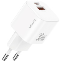USAMS CC263 GaN mini rýchlonabíjací adaptér s portmi USB-C / USB-A - 30W - biely