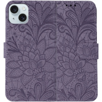 Flipové púzdro so vzorom čipky pre iPhone 15 - fialové