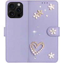 Flipové púzdro s perličkami a kamienkami pre iPhone 16 Pro - svetlo fialové