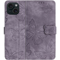 Flipové púzdro so vzorom motýľov pre iPhone 15 - fialové