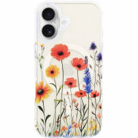 Transparentný kryt s trblietkami, vzorom lúčnych kvetov a MagSafe pre iPhone 17 - farebný