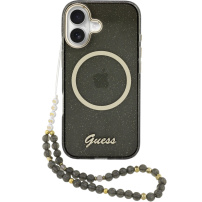 Guess IML Glitter Script Strap kryt s MagSafe a pútkom pre iPhone 17 - sivý