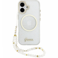Guess IML Glitter Script Strap kryt s MagSafe a pútkom pre iPhone 17 - číry