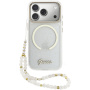 Guess IML Glitter Script Strap kryt s MagSafe a pútkom pre iPhone 17 Pro - číry