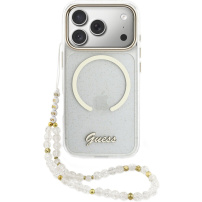 Guess IML Glitter Script Strap kryt s MagSafe a pútkom pre iPhone 17 Pro - číry