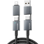 ESSAGER 2v1 opletaný nabíjací a dátový kábel - USB-C / USB-A na USB-C / Lightning - 2 m - sivý
