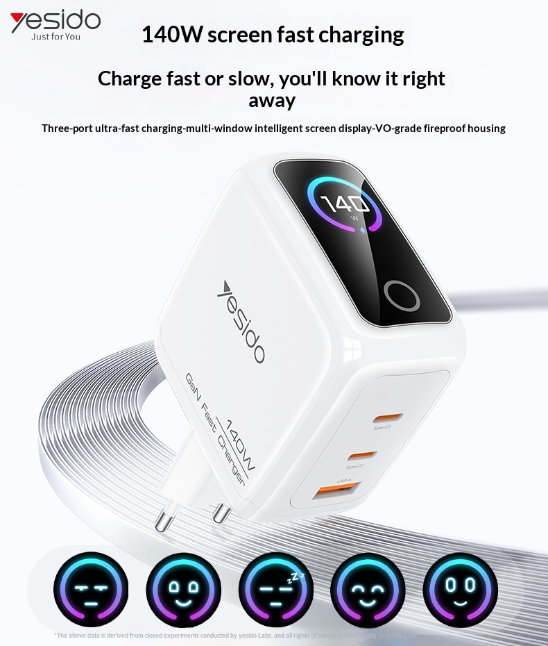 Yesido YC114 GaN rýchlonabíjací adaptér s displejom a portmi 2x USB-C / USB-A - 140W - biely Yesido YC114 GaN rýchlonabíjací adaptér s displejom a portmi 2x USB-C / USB-A - 140W - biely