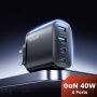 Toocki TC53402 GaN rýchlonabíjací adaptér s portmi 2x USB-C / 2x USB-A - 40W - čierny