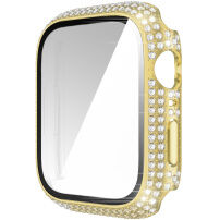 Puzdro osadené kamienky s tvrdeným sklom pre Apple Watch 45 mm - zlaté