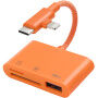 3v1 redukcia s čítačkou kariet - slot na SD / TF kartu / USB-A na USB-C / Lightning - oranžová