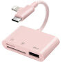 3v1 redukcia s čítačkou kariet - slot na SD / TF kartu / USB-A na USB-C / Lightning - ružová