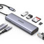 UGREEN CM512 7v1 hub - slot na SD / TF kartu / RJ45 / HDMI / USB-C / 2x USB-A na USB-C - sivý