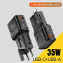ESSAGER G535 GaN univerzálny cestovný adaptér s portmi USB-C / USB-A a výsuvnými zástrčkami - 35W - čierny