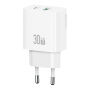 USAMS CC316 GaN rýchlonabíjací adaptér s portmi USB-C / USB-A - 30W - biely