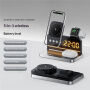 HT-568 3v1 skladací magnetický bezdrôtový stojan s hodinami, budíkom a podsvietením pre iPhone / Apple Watch / AirPods - 15W - biely