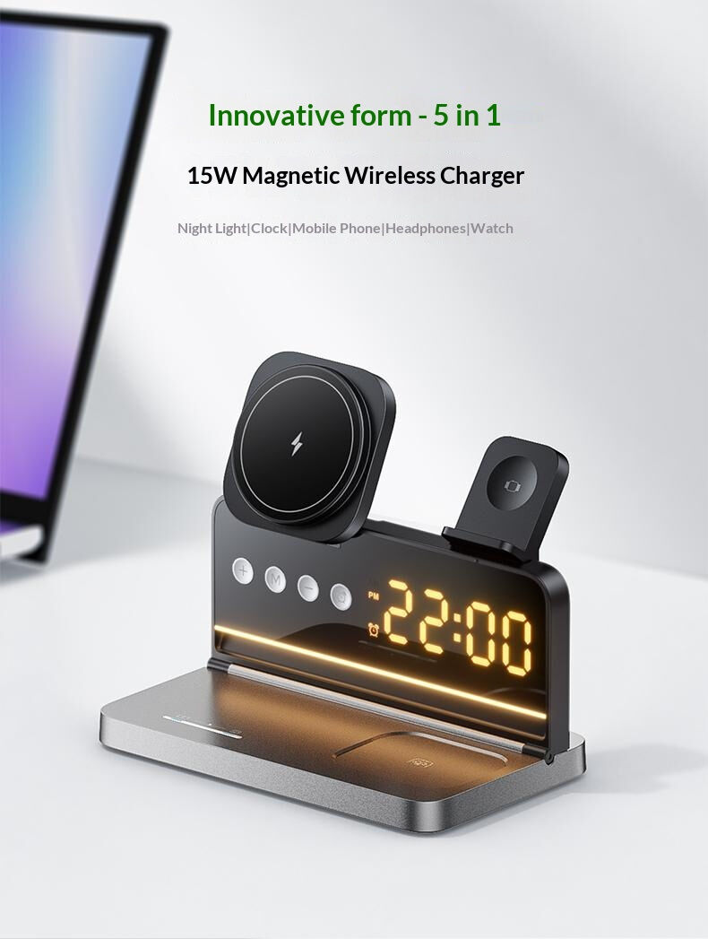 HT-568 3v1 skladací magnetický bezdrôtový stojan s hodinami, budíkom a podsvietením pre iPhone / Apple Watch / AirPods - 15W - sivý HT-568 3v1 skladací magnetický bezdrôtový stojan s hodinami, budíkom a podsvietením pre iPhone / Apple Watch / AirPods - 15W - sivý