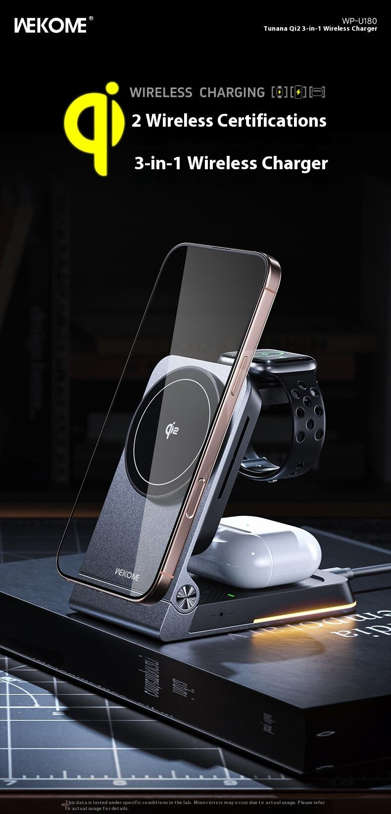 WEKOME WP-U180 Qi2 3v1 skladací magnetický bezdrôtový stojan pre iPhone / Apple Watch / AirPods - 15W - sivý