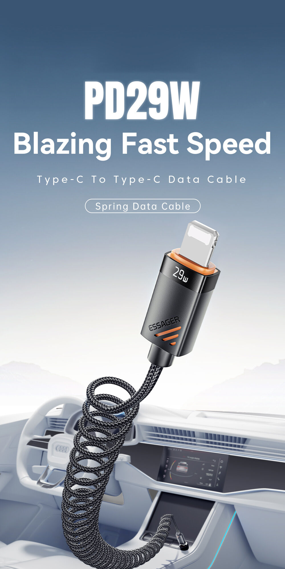 ESSAGER špirálový opletený nabíjací a dátový kábel - USB-C na Lightning - 1,2 m - čierny