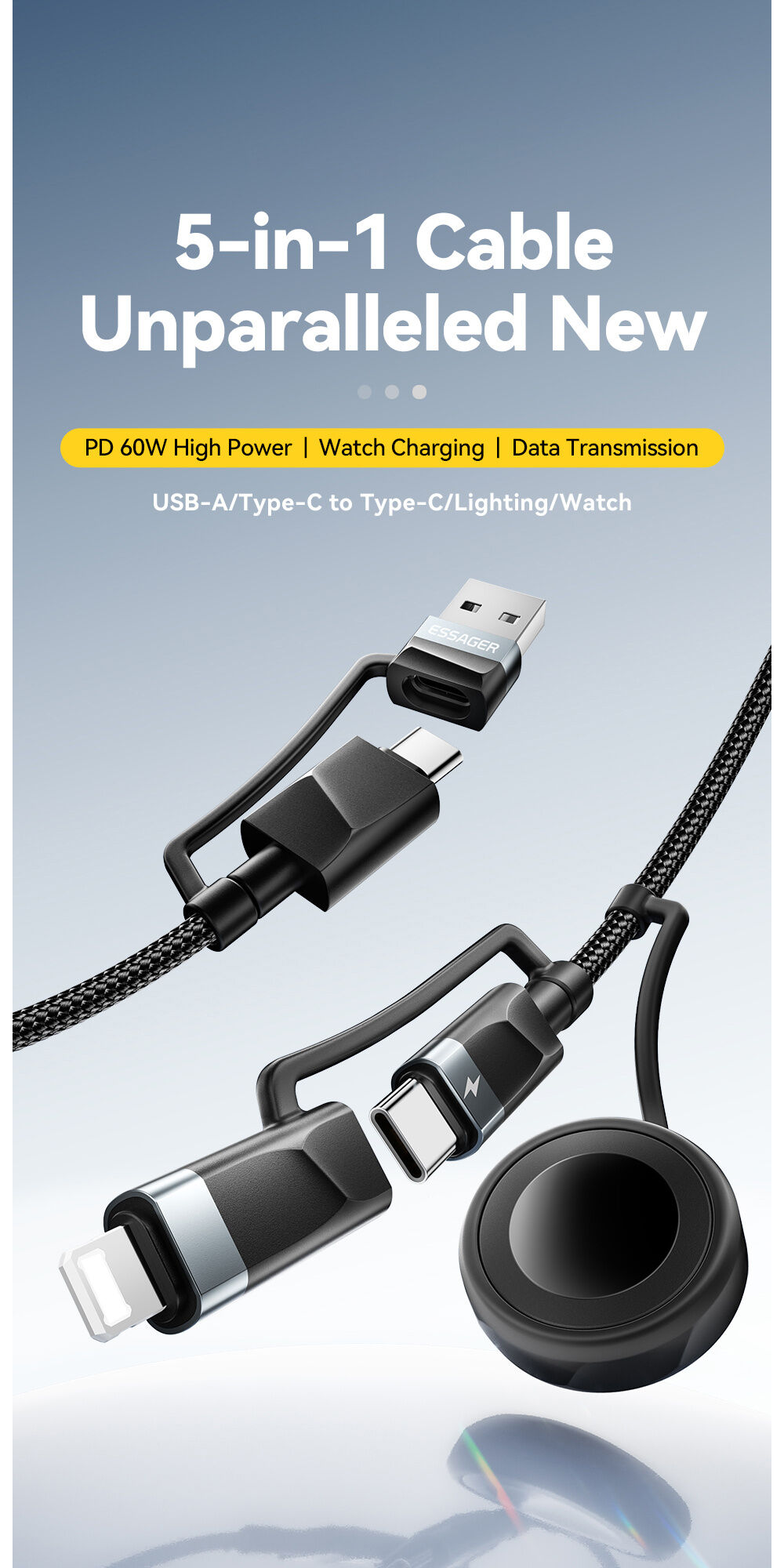 ESSAGER 3v1 univerzálny opletený nabíjací a dátový kábel - USB-C / USB-A na magnetický puk / USB-C / Lightning - 2 m - čierny ESSAGER 3v1 univerzálny opletený nabíjací a dátový kábel - USB-C / USB-A na magnetický puk / USB-C / Lightning - 2 m - čierny