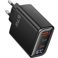 Toocki TCT67 GaN rýchlonabíjací adaptér s displejom a portmi 2x USB-C / USB-A - 67W - čierny