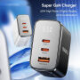 ESSAGER ES-CD64 GaN rýchlonabíjací adaptér s displejom a portmi 2x USB-C / USB-A - 65W - biely