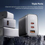 ESSAGER ES-CD64 GaN rýchlonabíjací adaptér s displejom a portmi 2x USB-C / USB-A - 65W - biely