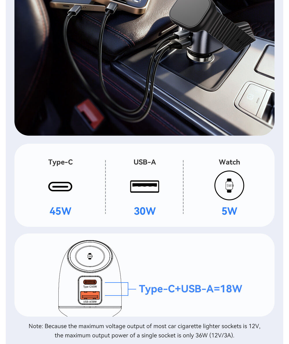 ESSAGER ES-CC31 autonabíjačka s portmi USB-C / USB-A a integrovanou nabíjačkou pre Apple Watch - 50W - sivá ESSAGER ES-CC31 autonabíjačka s portmi USB-C / USB-A a integrovanou nabíjačkou pre Apple Watch - 50W - sivá