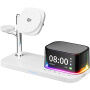 C09 3v1 magnetický bezdrôtový stojan s hodinami, reproduktorom a podsvietením pre iPhone / Apple Watch / AirPods - 25W - biely