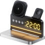 HT-568 3v1 skladací magnetický bezdrôtový stojan s hodinami, budíkom a podsvietením pre iPhone / Apple Watch / AirPods - 15W - sivý