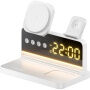 HT-568 3v1 skladací magnetický bezdrôtový stojan s hodinami, budíkom a podsvietením pre iPhone / Apple Watch / AirPods - 15W - biely
