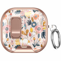 Obal so vzorom kvetov, zapínaním a karabínou pre AirPods 4 / 5 - ružovozlatý