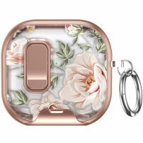 Obal so vzorom ruží, zapínaním a karabínou pre AirPods 4 / 5 - ružovozlatý