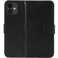 Flipové puzdro s reliéfom motýľa a kvetiny pre iPhone 11 – čierne
